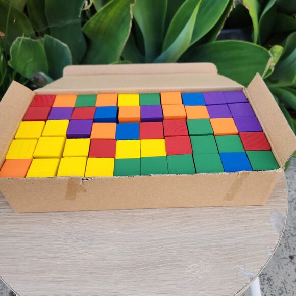 NEW 100 wood color Blocks 1" 6 colors math manipulatives cubes sorting patterns - Picture 1 of 11